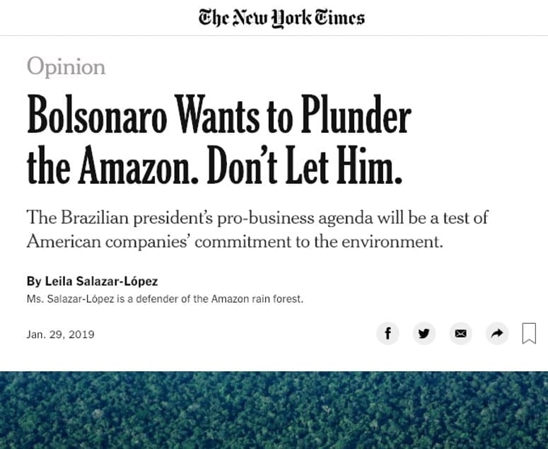 New York Times opinion piece on Brazilian President Bolsonaro plundering the Amazon