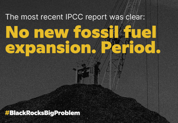 Text reading "The most recent IPCC report was clear: No new fossil fuel expansion. Period" over a background image of a crane over a coal mine refuse hill.