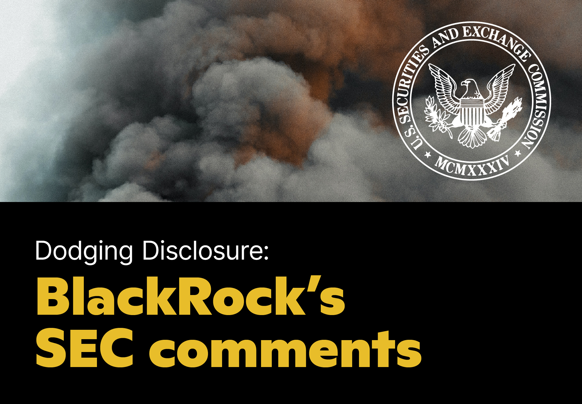 Billowing clouds of smoke with the SEC logo on the right side. A black banner runs along the bottom of the image with text reading: Dodging Disclosure: BlackRock's SEC comments