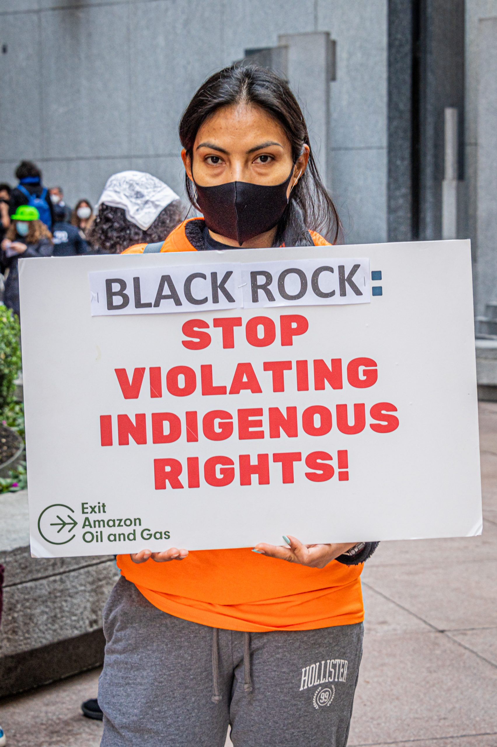 A masked protestor holds a sign reading "BlackRock: Stop Violating Indigenous Rights!" Photo by Erik McGregor.