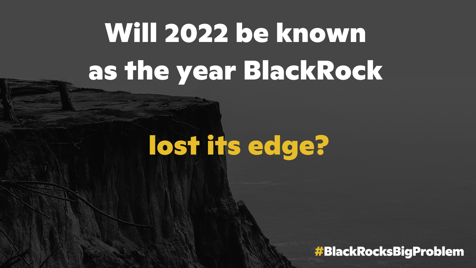 Black and white photo of a cliff overlooking an ocean. white and yellow text overlaid reads "will 2022 be known as the year BlackRock lost its edge" the BlackRock's Big Problem campaign wordmark is in the bottom right corner