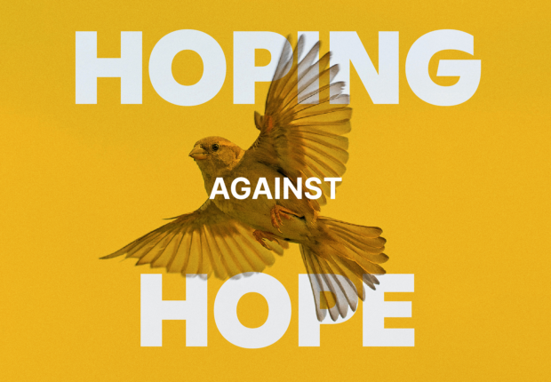A yellow background with white text reading "hoping against hope." A photo of a finch is in the center, with some of its feathers partially transparent to make the text visible.